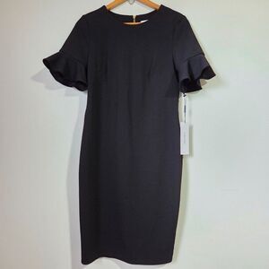 NWT CALVIN KLEIN LITTLE BLACK DRESS RUFFLED SLEEVES SHIFT DRESS SIZE 8 / SMALL